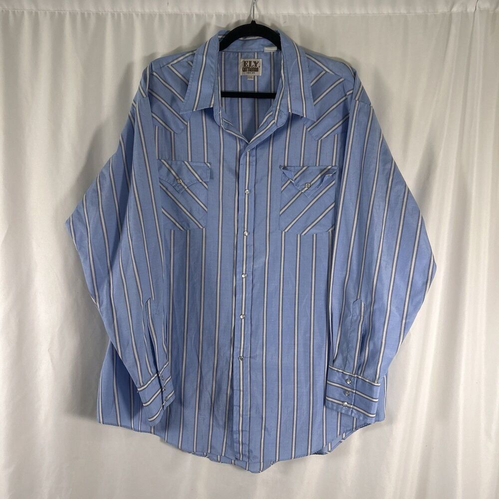 Ely Cattleman Pearl Snap Men's XXL Blue Striped Long Sleeve Collared